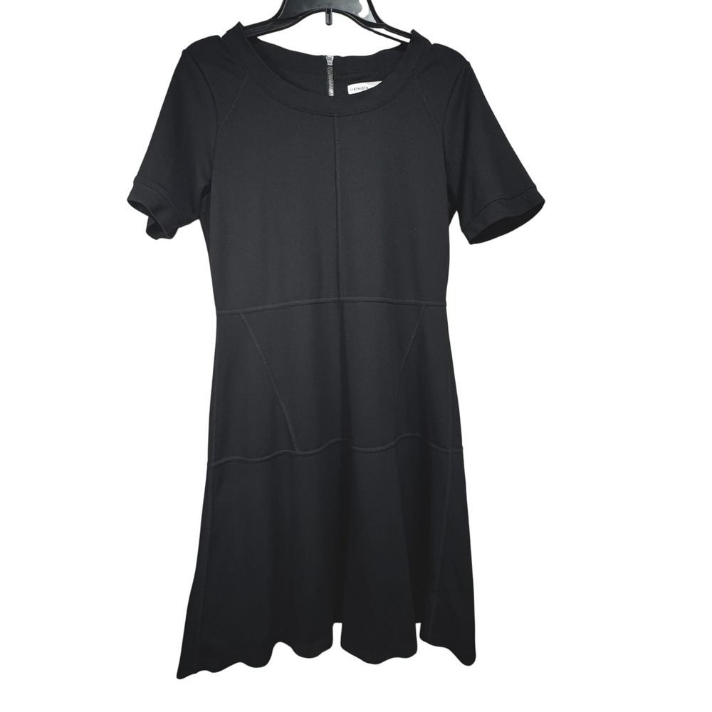 Athleta Black Ponte Knit Fit Flare Dress M Short Sleeve Zip Back Skater Mini